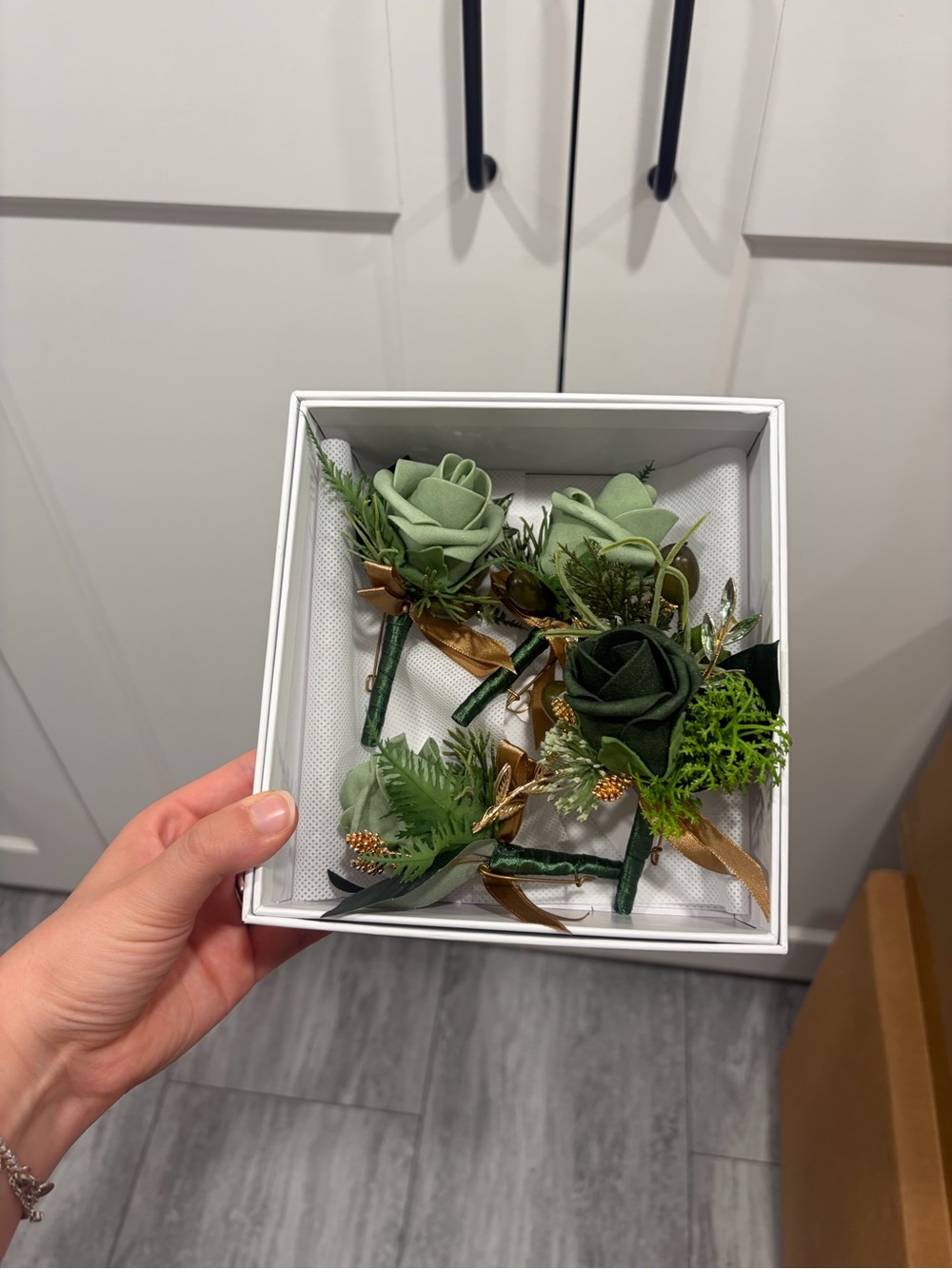 3 Sage Green & 1 Dark Green Boutonniere Set with Gold Accents- Wedding